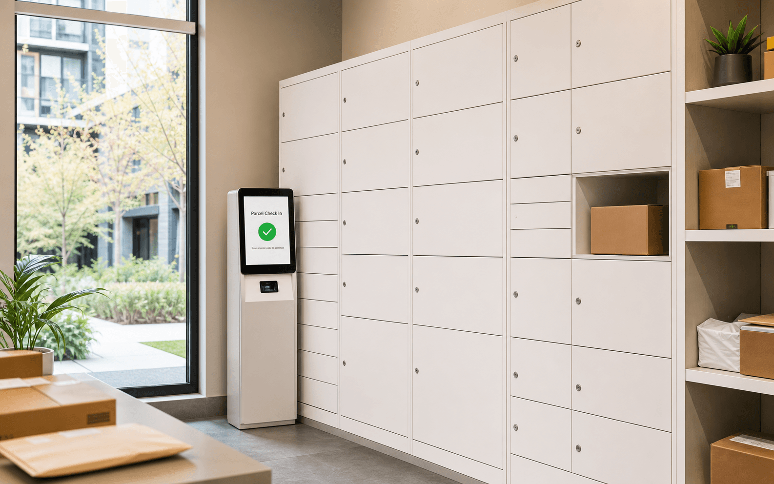 Parcel lockers inside a clean building mailroom