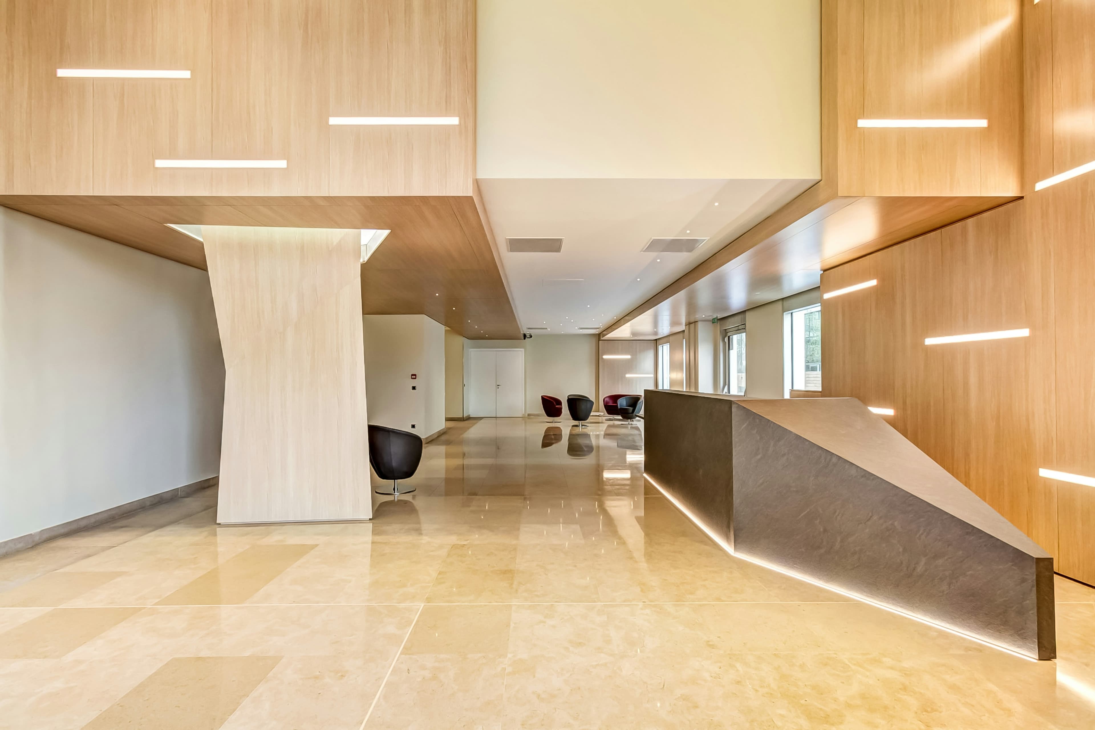 Modern building lobby with a reception desk